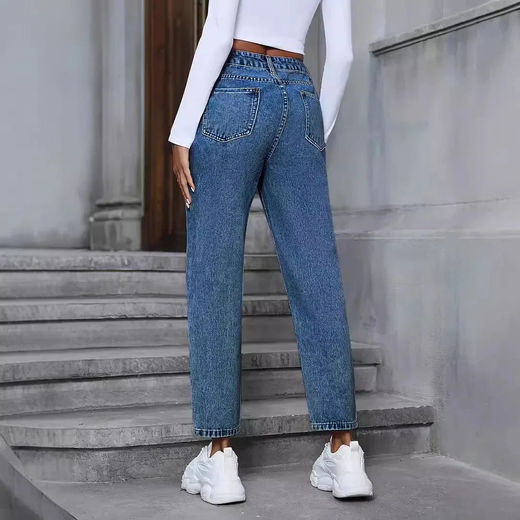 Pantalon en jean taille haute à jambe droite pour femmes