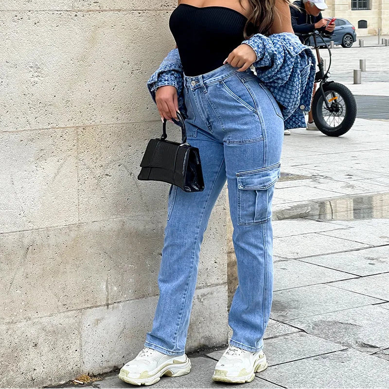 Jean cargo en denim multi-poches pour femmes