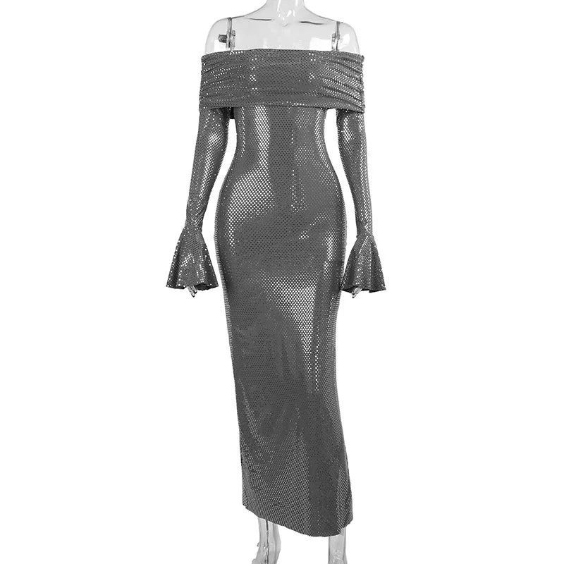 Robe longue femme plissée à paillettes et manches évasées