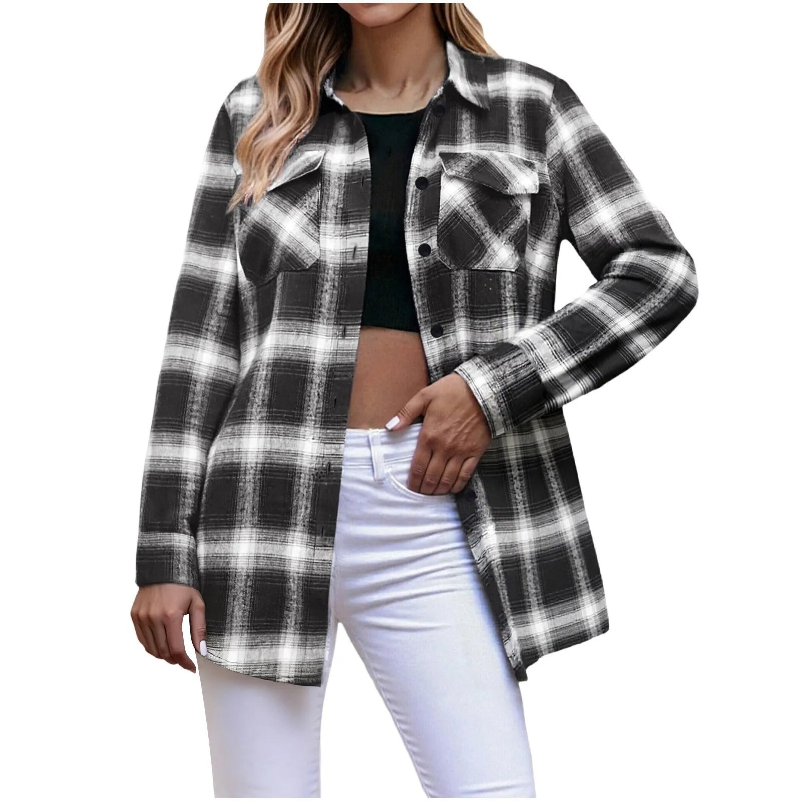 Chemise à carreaux à manches longues pour femmes