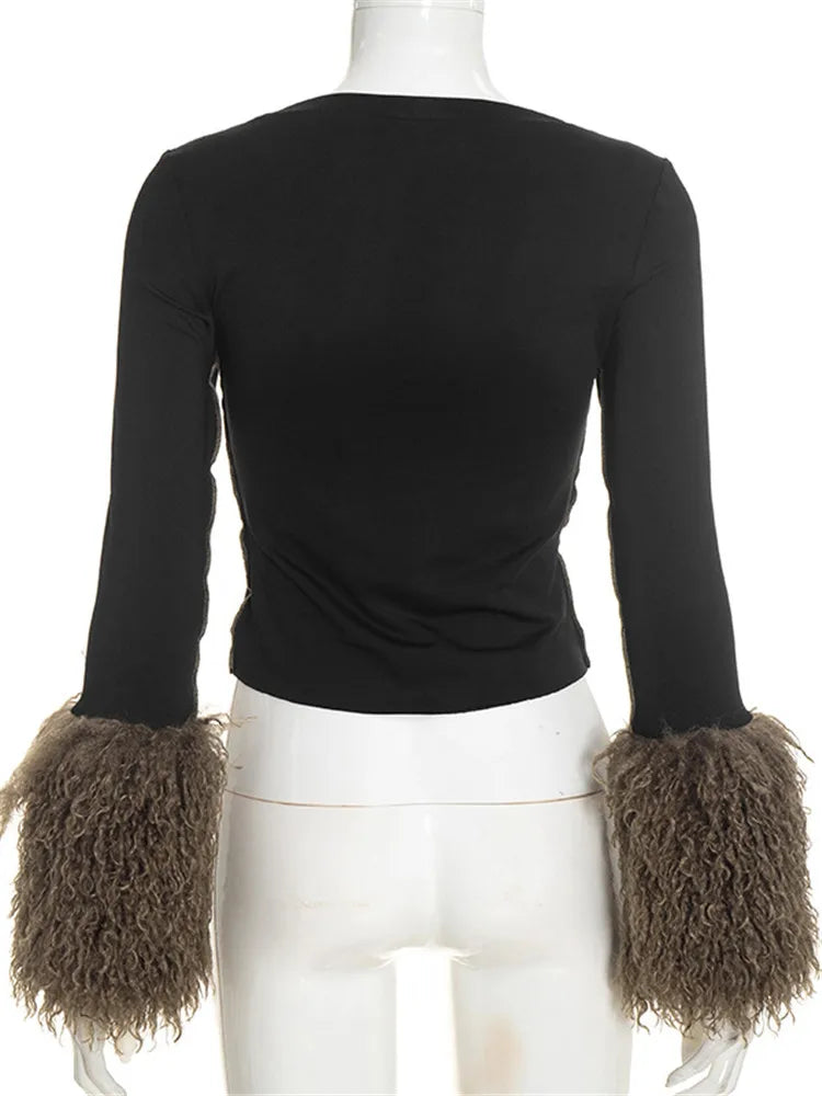 Haut Femme Noir à Poignets Effet Fourrure