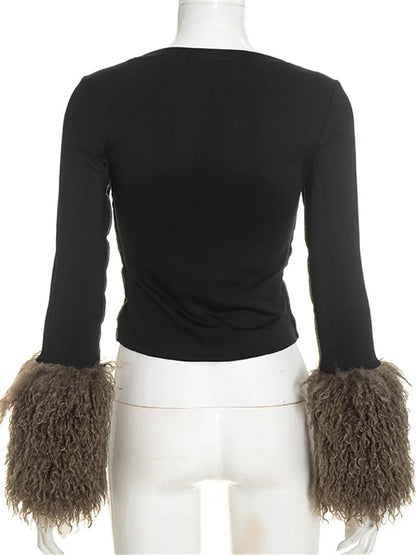 Haut Femme Noir à Poignets Effet Fourrure