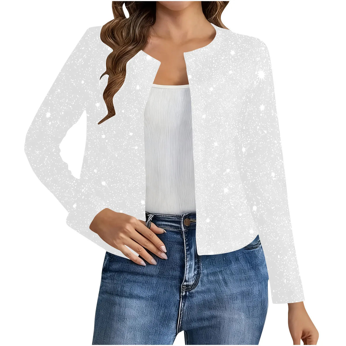 Cardigan Court Scintillant Femme – Col Rond et Manches Longues