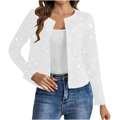 Cardigan Court Scintillant Femme – Col Rond et Manches Longues