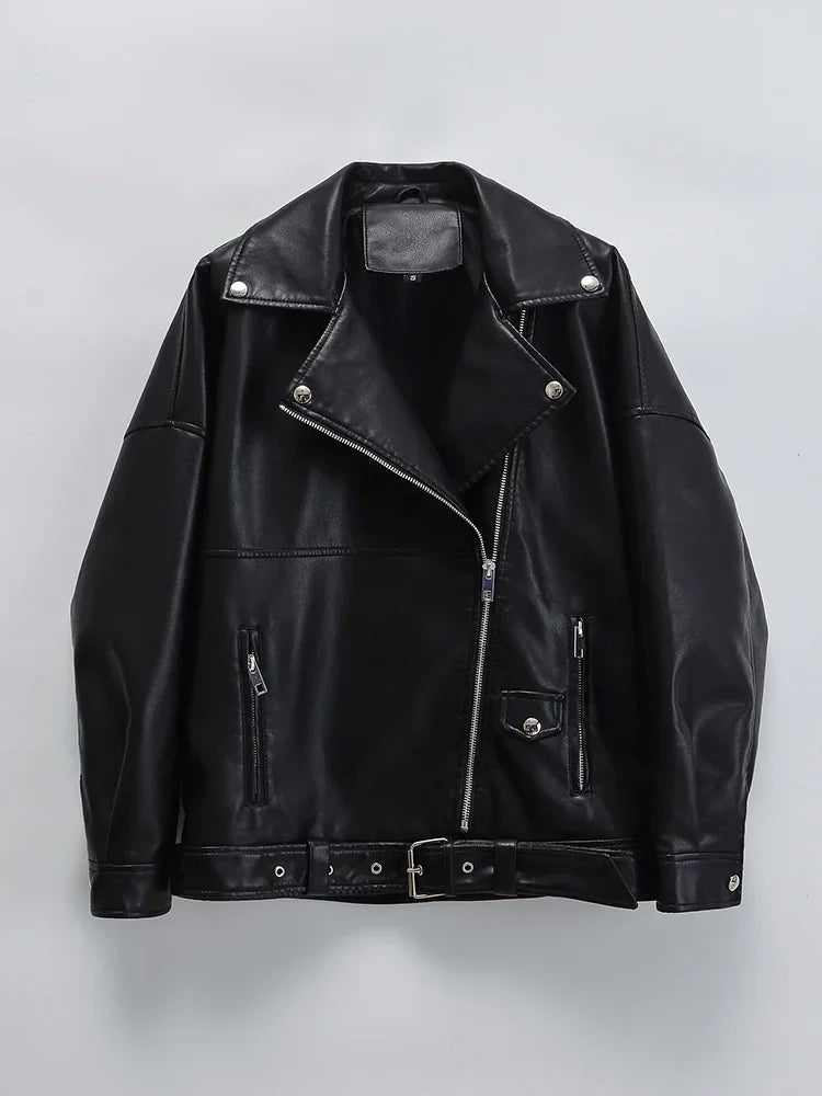 Veste ample vintage en similicuir PU pour femmes