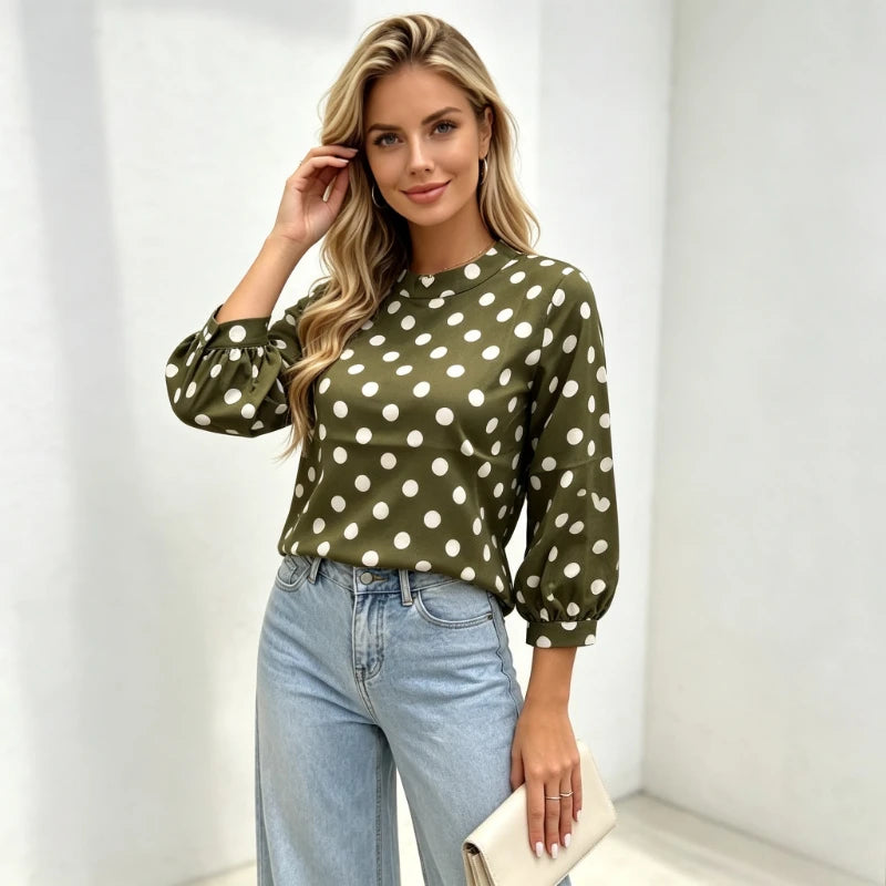 Chemisier à Pois Femme – Col Montant et Manches Longues