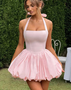 Robe courte bouffante sans manches à lacets pour femmes