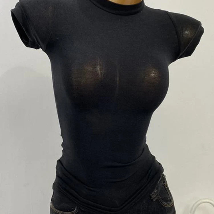 T-shirt à col mi-haut transparent à manches courtes pour femmes