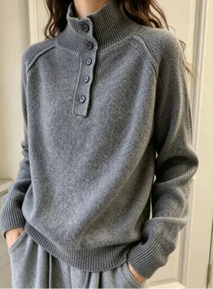 Pull Épais Femme – Col Montant et Demi-Boutonnage