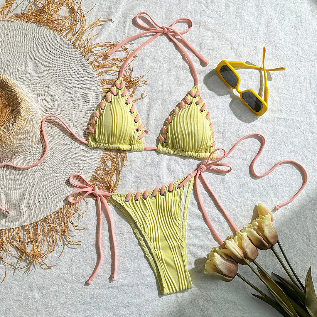 Maillot de bain deux pièces à col licou et culotte taille haute pour femmes