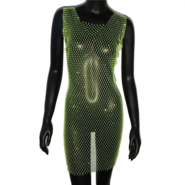 Robe de soirée en résille scintillante, strass, paillettes pour femmes