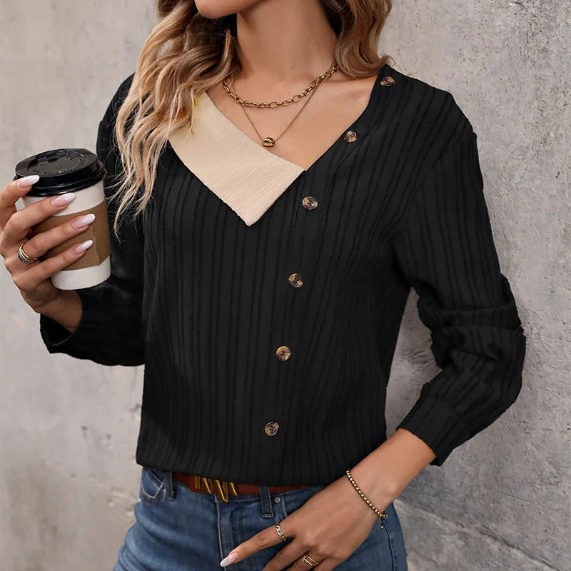 Pull décontracté à manches longues et col en V pour femmes