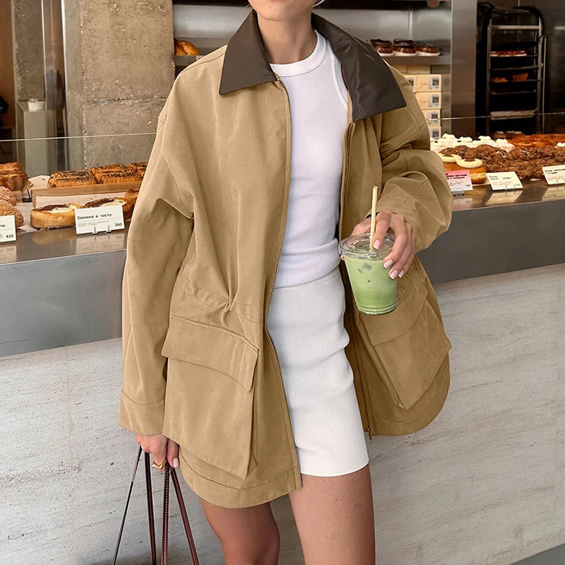 Manteau en cuir à revers marron Vintage pour femmes