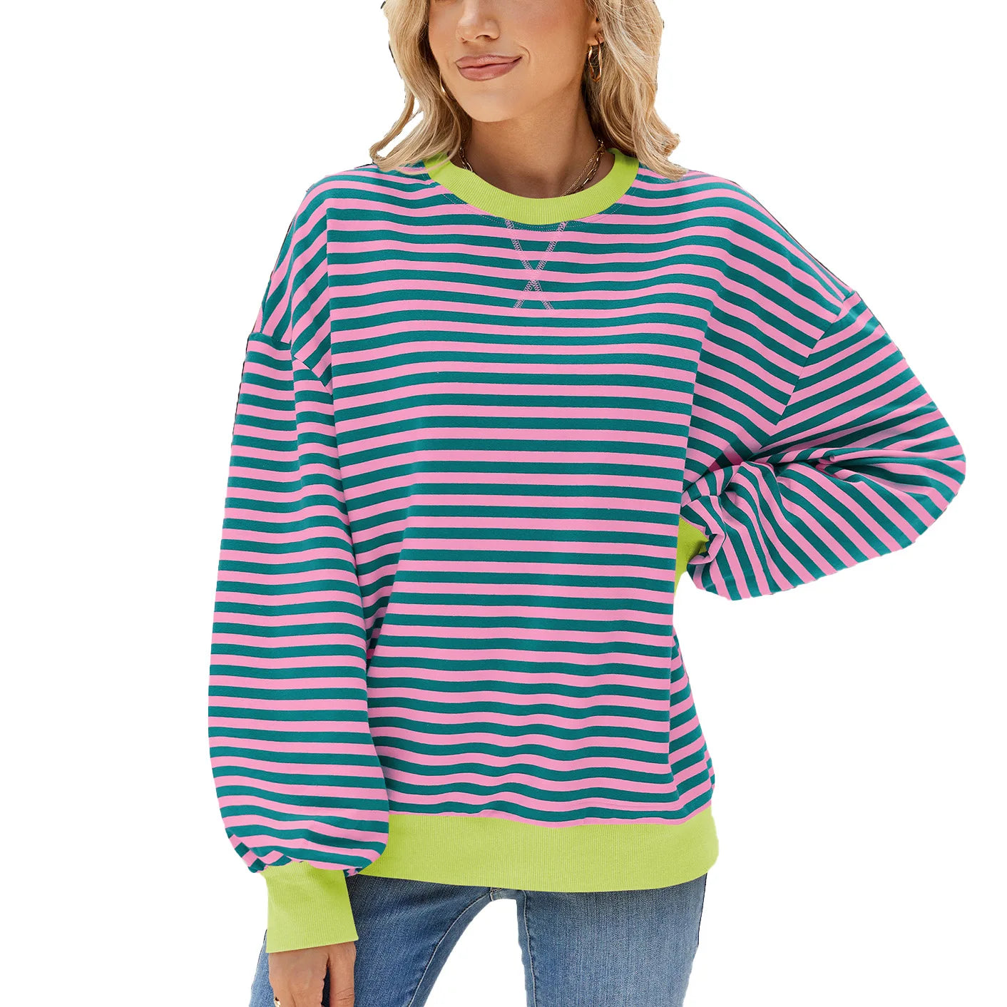T-shirt à manches longue décontracté ample rayé pour femmes