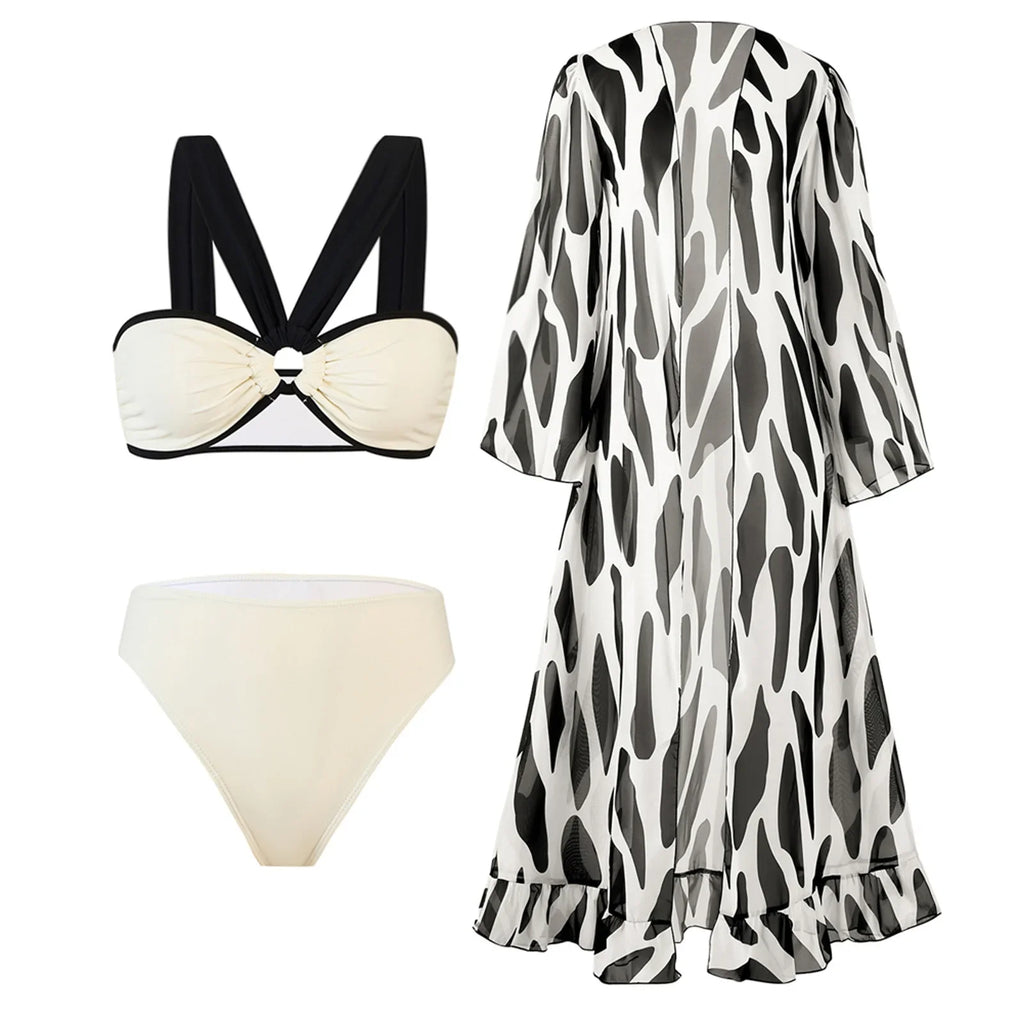 Maillot de bain trois pièces taille haute pour femmes