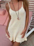 Robe mini sexy en maille crochet à col V et volants pour femmes