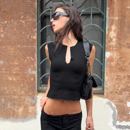 Crop Top Femme Sans Manches à Col V – Style Y2K