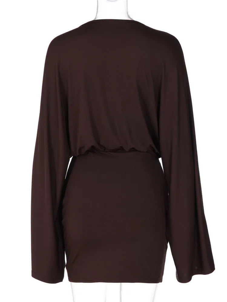 Robe fourreau femme marron à col volanté