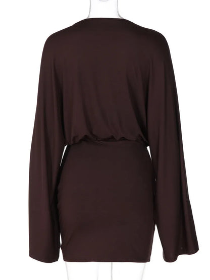 Robe fourreau femme marron à col volanté