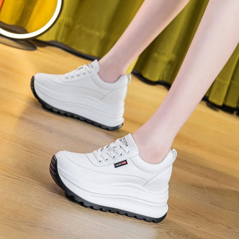 Baskets en cuir véritable blanc à plate-forme pour femmes