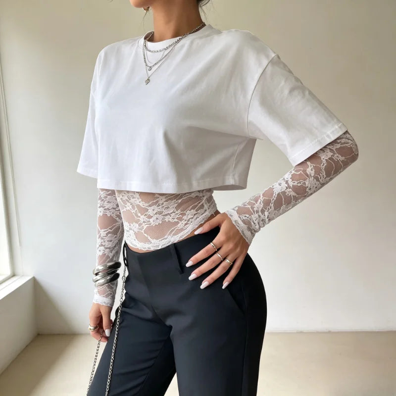 T-shirt Ajusté Femme – Manches Longues et Dentelle