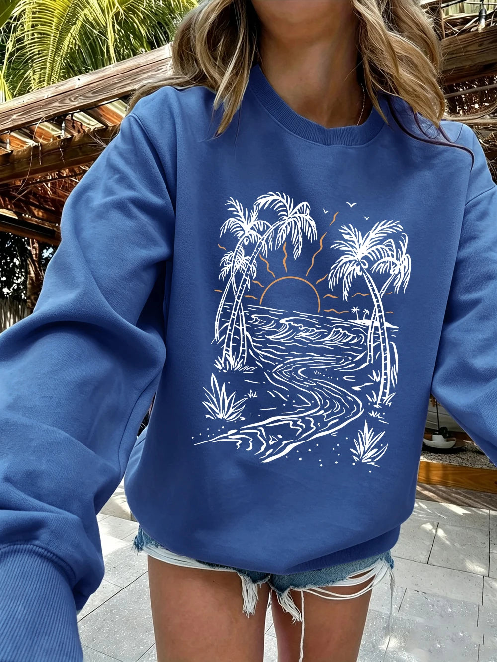 Sweat-shirts imprimés cocotiers et plage pour femmes