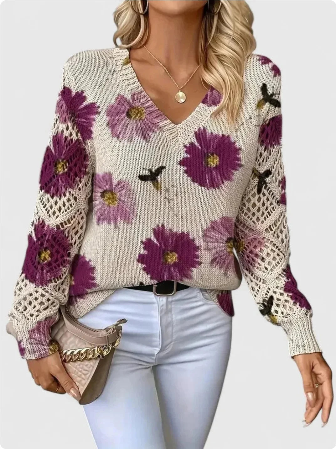 Pull à manches longues et col en v pour femmes