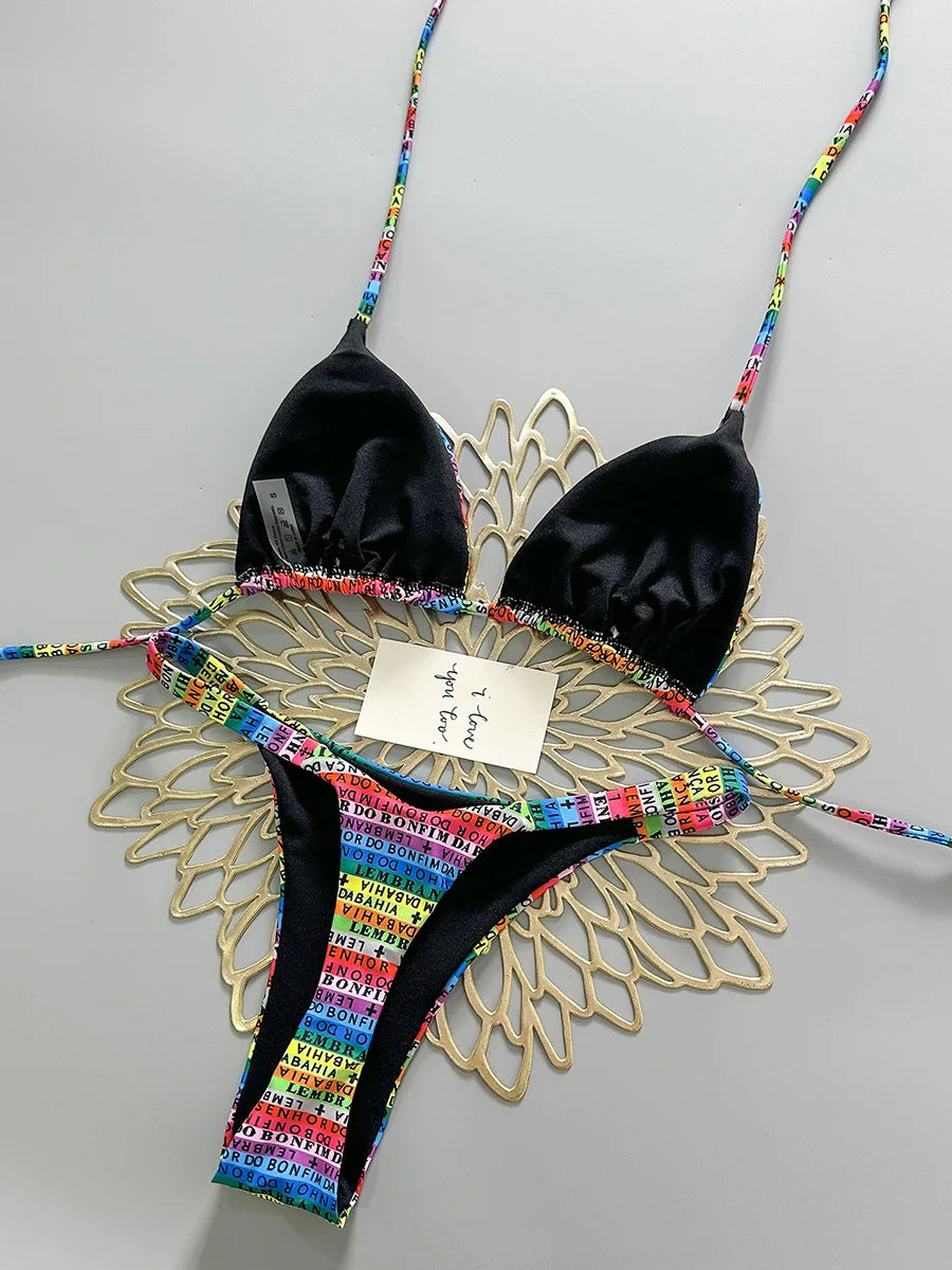 Ensemble de bikini deux pièces micro mini coloré imprimé lettres pour femme