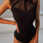 Body en dentelle à col rond et sans manches pour femmes