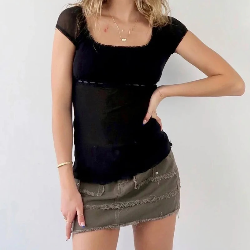 T-shirt-Crop en dentelle esthétique rétro pour femmes