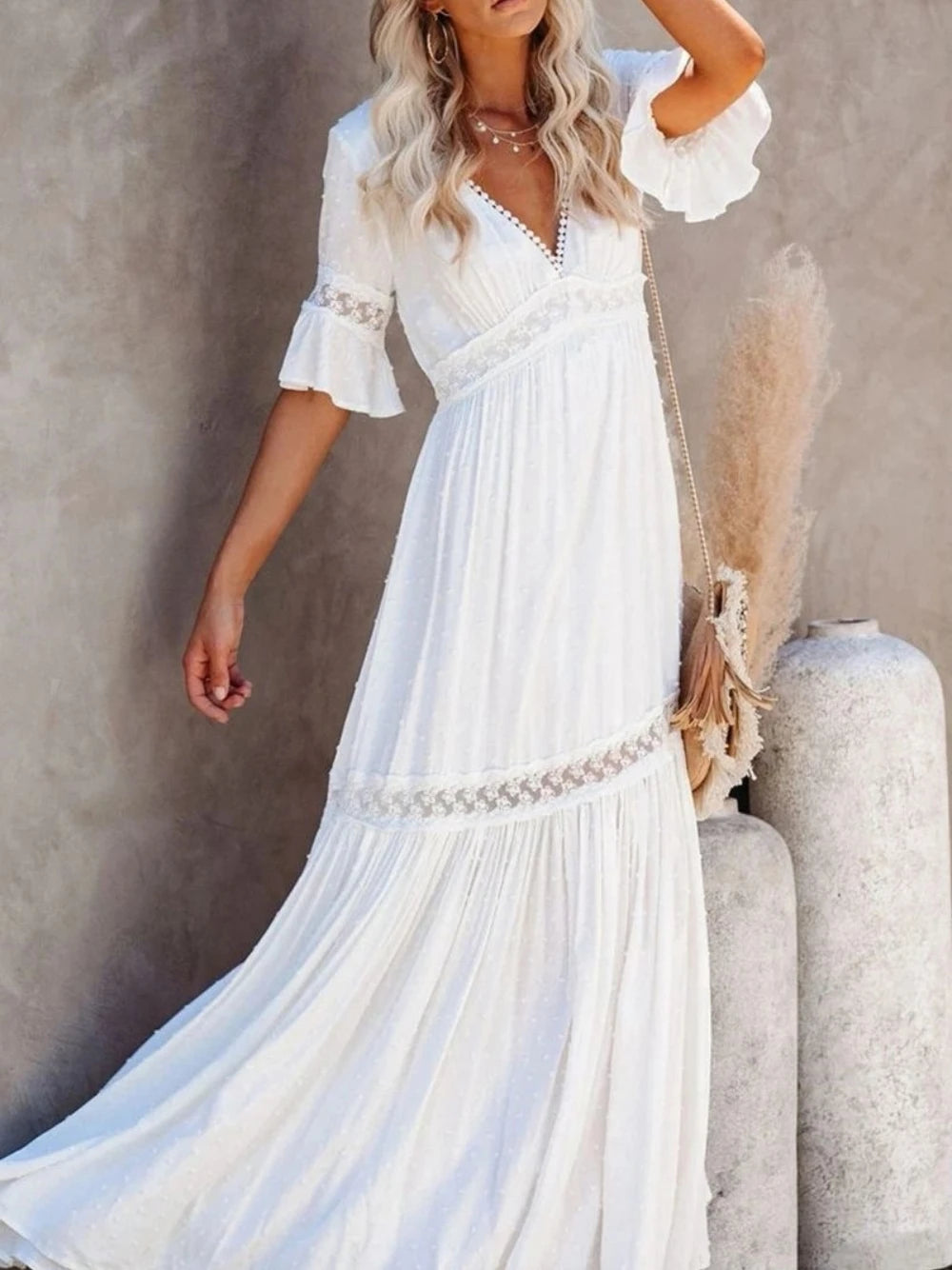 Robe de soirée en dentelle de couleur unie pour femmes