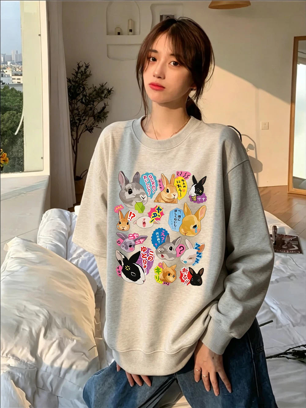 Sweat-shirts à imprimés lapins japonais pour femmes