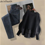 Ensemble deux pièces pulls en tricot et pantalon en jean coupe couvertes pour femmes