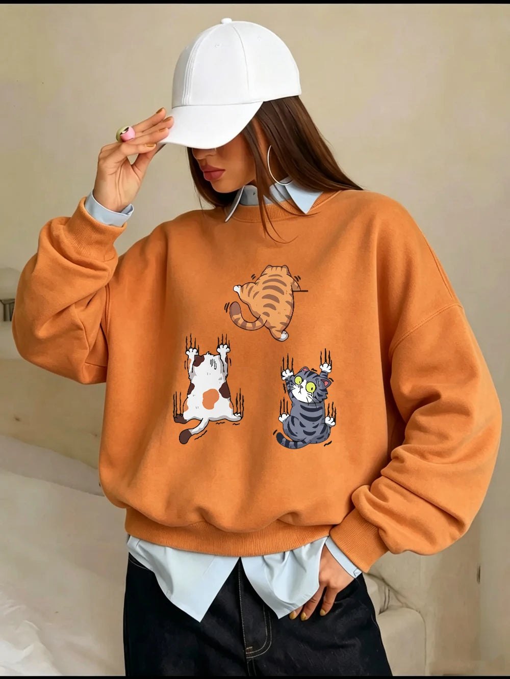 Sweat-shirt à capuche imprimé « Trois chats qui grimpent » pour femmes