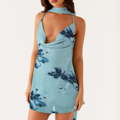 Mini-Robe Fleurie Dégradée Femme – Bretelles et Col Drapé