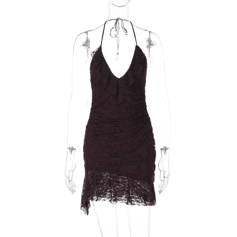Robe mini dos nu en dentelle imprimée pour femmes