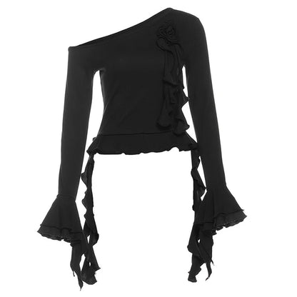 Top femme asymétrique à fleurs 3D et épaule dénudée