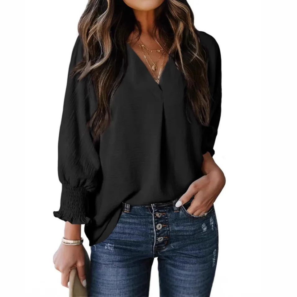Chemise à col en V et manches longues lanterne pour femmes