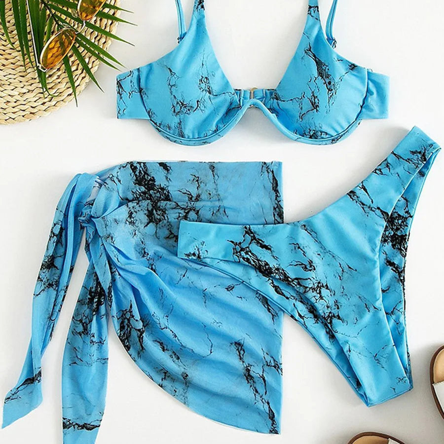 Maillot de bain trois pièces Push Up imprimé marbre, col en v, à armatures, pour femmes