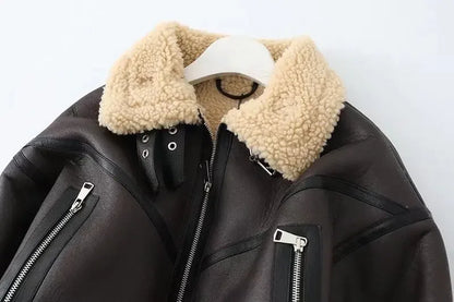 Veste Courte Motard Femme – Effet Cuir d’Agneau
