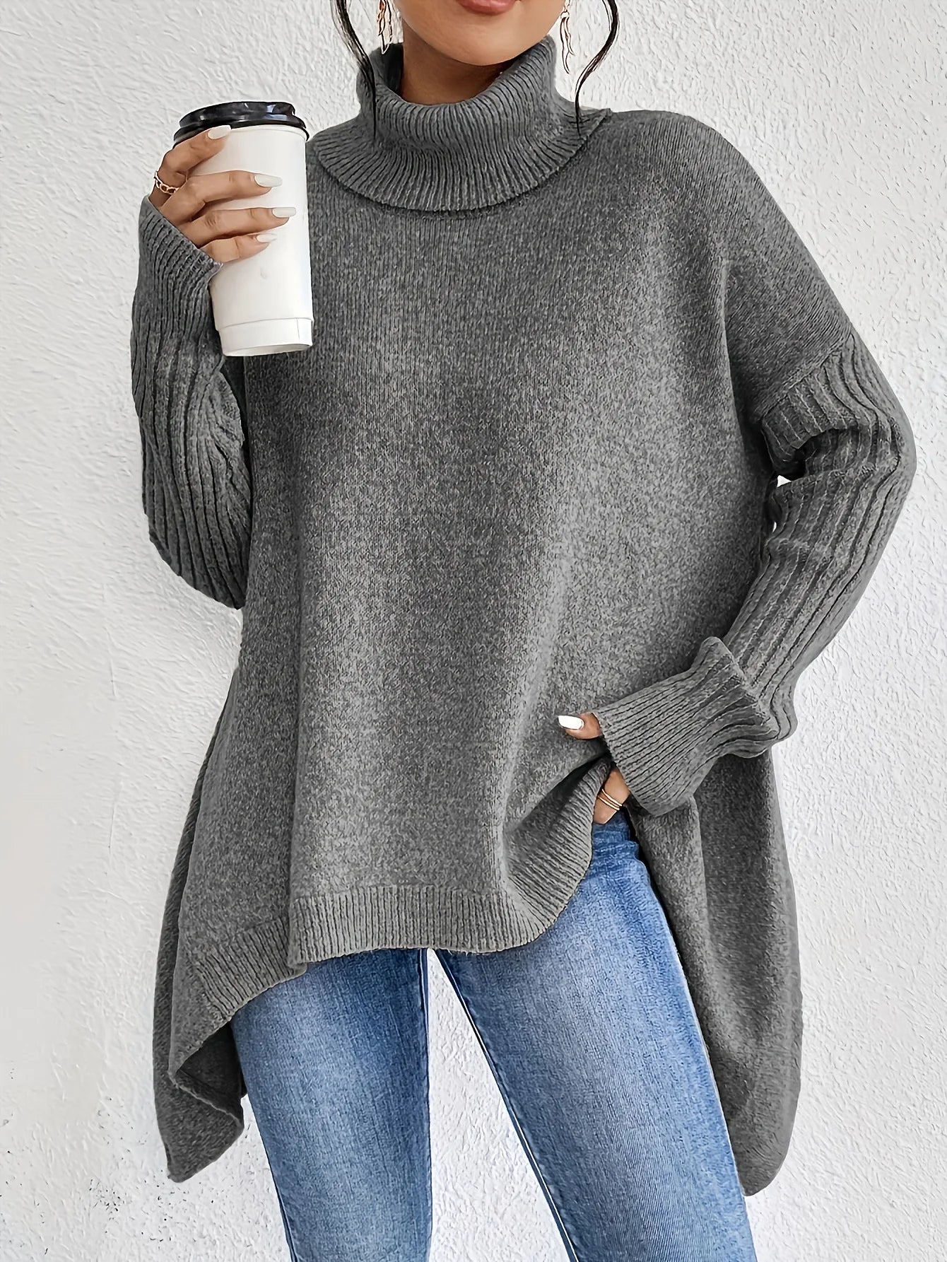 Pull en maille ample à col roulé bleu marine pour femmes