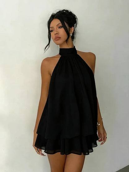 Robe Courte Femme – Mousseline, Col Licou et Dos Nu