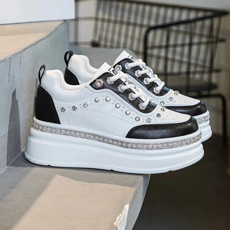 Baskets en cuir véritable compensée et strass pour femmes