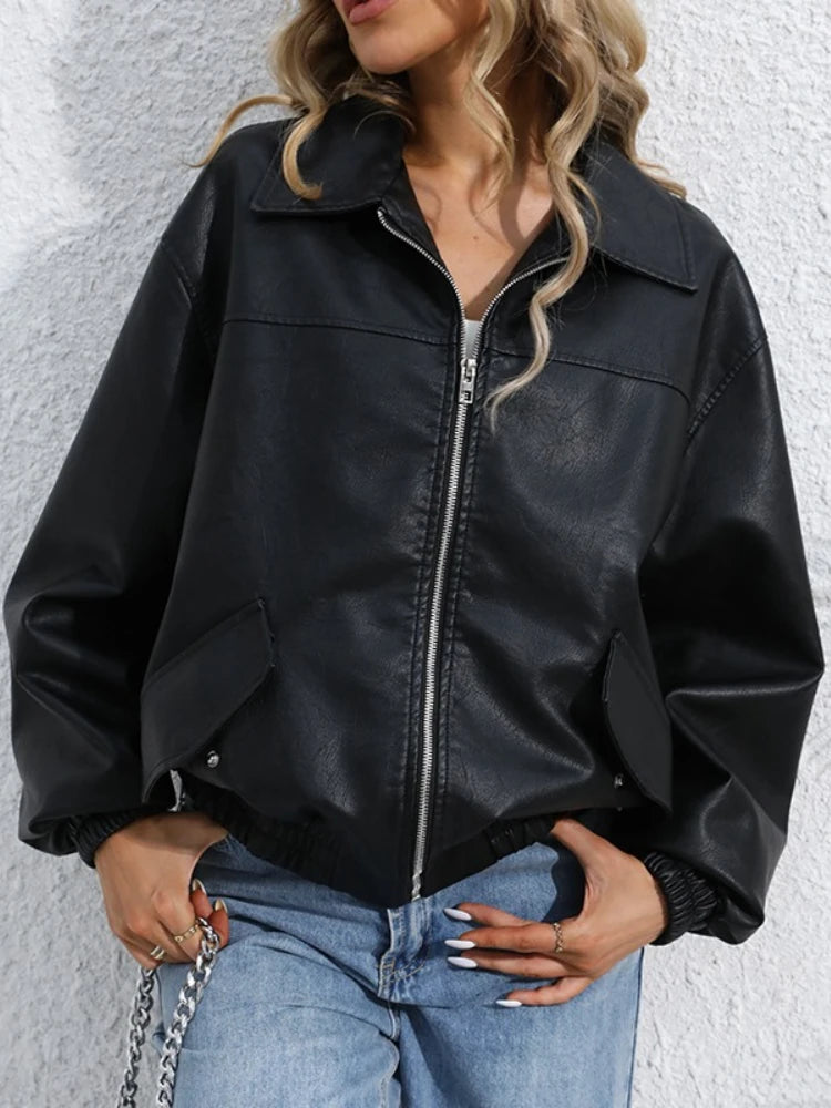 Veste en faux cuir PU décontracté ample pour femmes