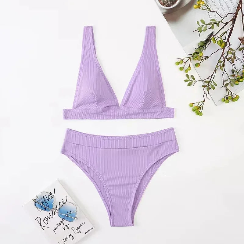 Maillots de bain deux pièces col en v côtelé pour femmes