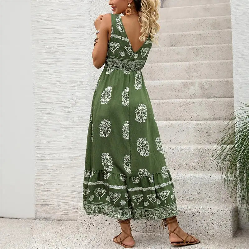 Robe longue verte à volants pour femmes