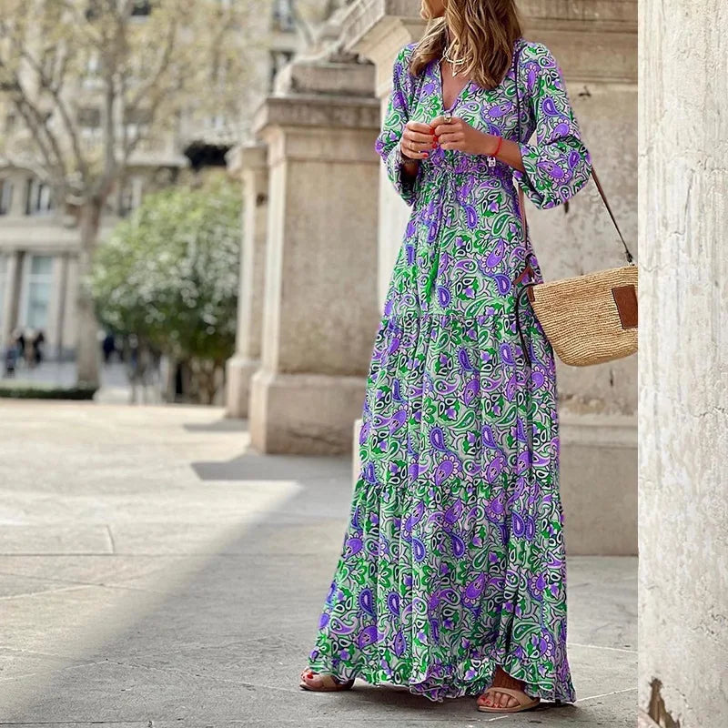 Robe longue bohème à imprimé floral et col en V pour femmes