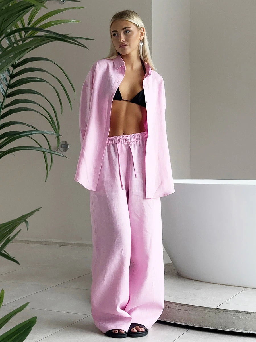 Ensemble de pantalons décontractés et  chemise à manches longues en coton pour femmes