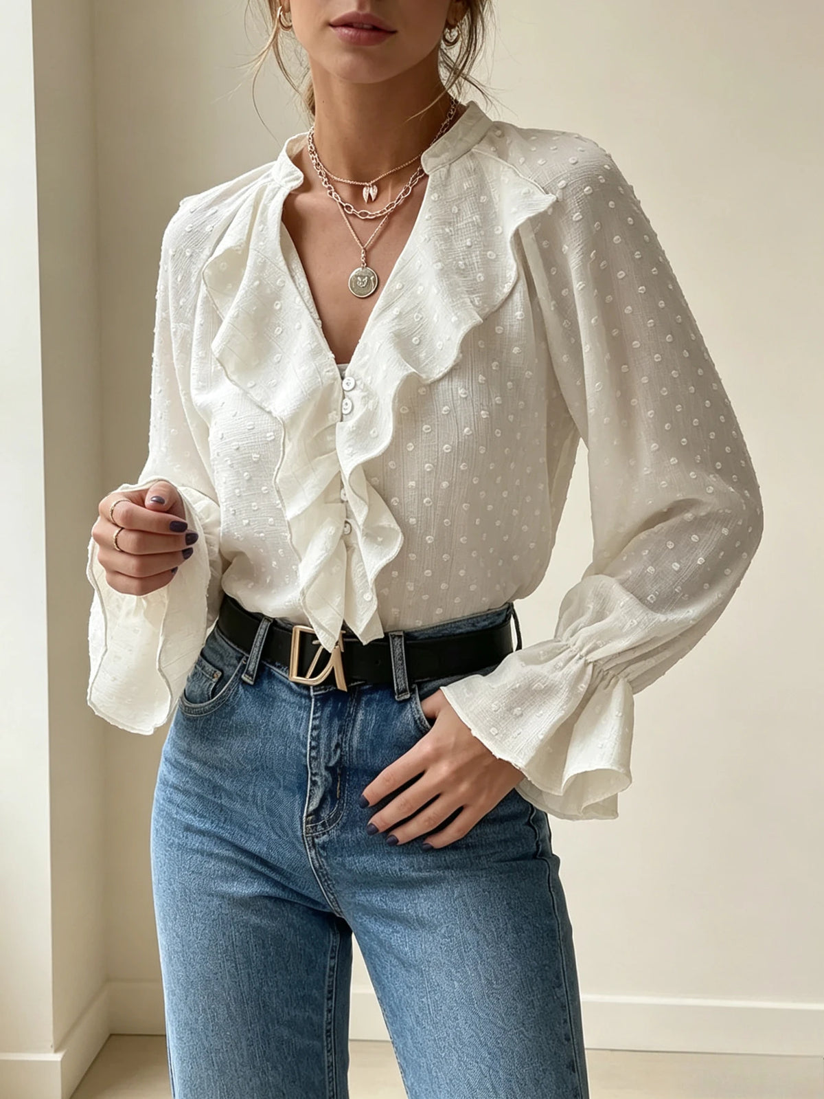 Chemisier en Mousseline Femme – Pois Suisses et Volants