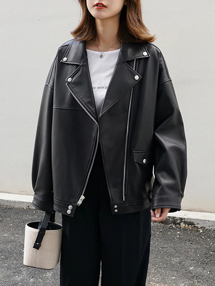 Veste en cuir PU ceinturé à manches longues pour femmes